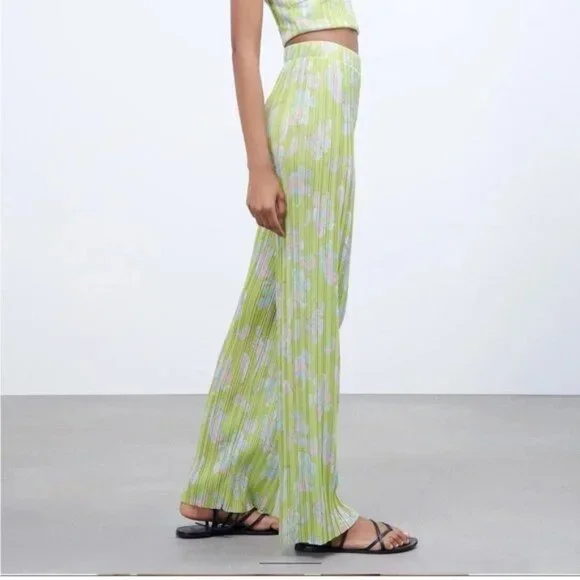 Zara Lime Green Pleated Wide Leg Pant m - Picture 2 of 13